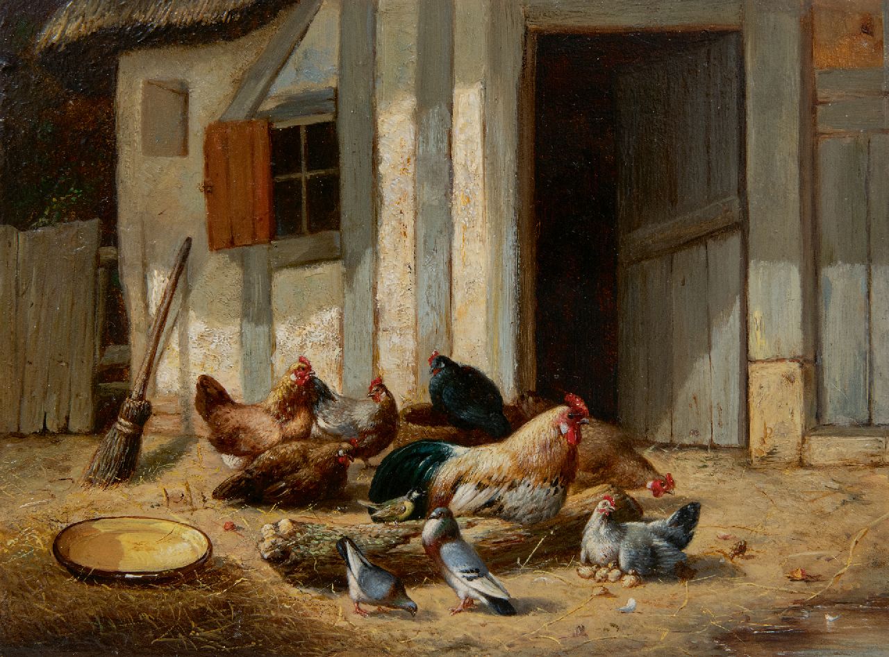 Eugène Remy Maes | Rooster and chickens on the farmyard, oil on panel, 17.8 x 24.0 cm, 1860