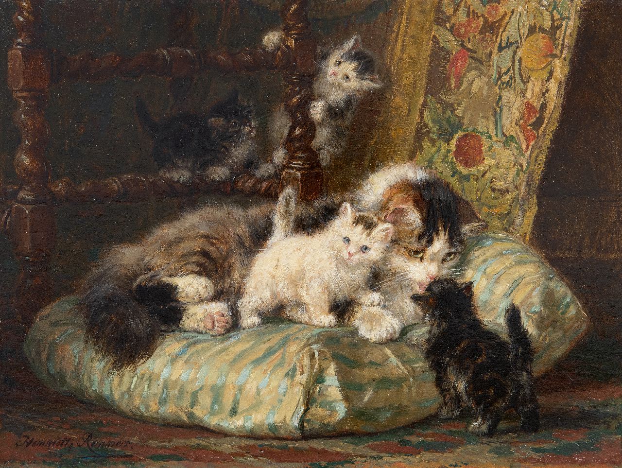Ronner-Knip H.  | Henriette Ronner-Knip, Mother cat with four playing kittens, oil on panel 24.5 x 32.6 cm, signed l.l.