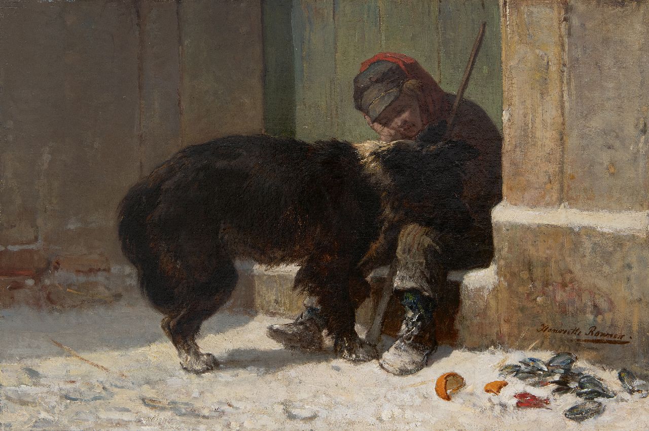 Ronner-Knip H.  | Henriette Ronner-Knip | Paintings offered for sale | Boy with his dog in the snow, oil on canvas 37.5 x 56.4 cm, signed l.r.