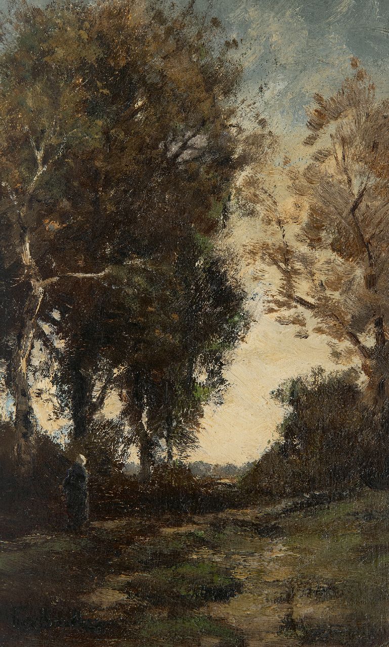 Bock T.E.A. de | Théophile Emile Achille de Bock | Paintings offered for sale | Peasant woman on a wooded path, oil on panel 32.9 x 20.5 cm, signed l.l.