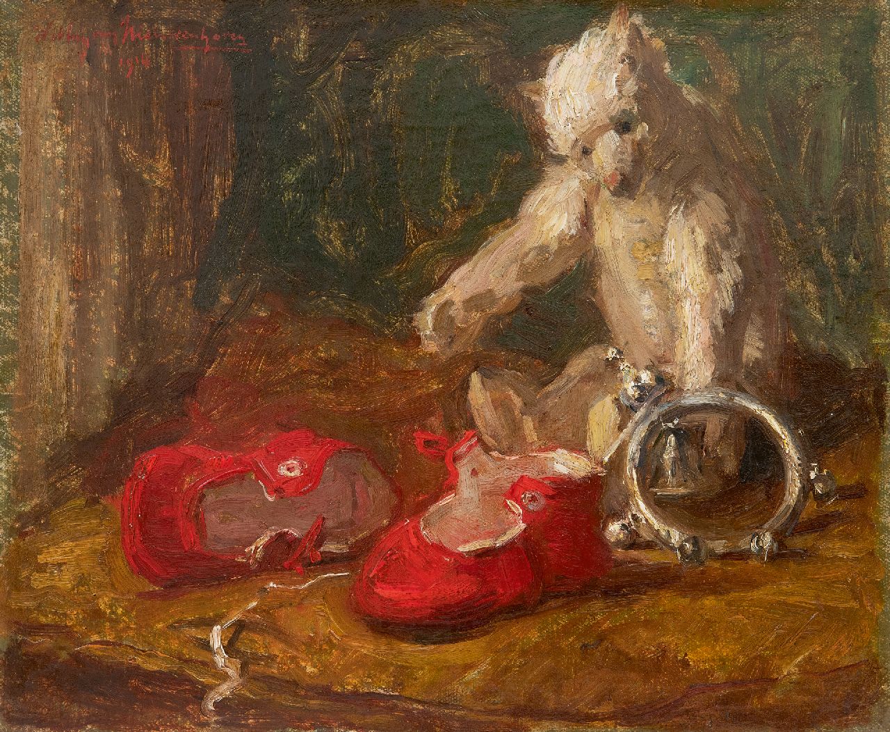 Nieuwenhoven W. van | Willem van Nieuwenhoven | Paintings offered for sale | Still life with bear and red children's shoes, oil on canvas 30.0 x 35.9 cm, signed u.l. and dated 1914