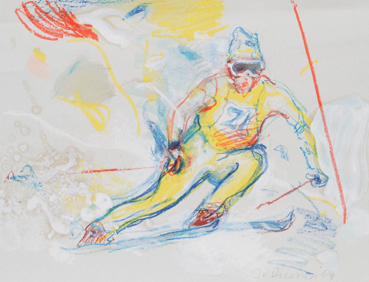 Diemen J. van | Jan van Diemen | Watercolours and drawings offered for sale | Slalom skier, gouache and chalk on paper 50.0 x 65.0 cm, signed l.r. and dated '84
