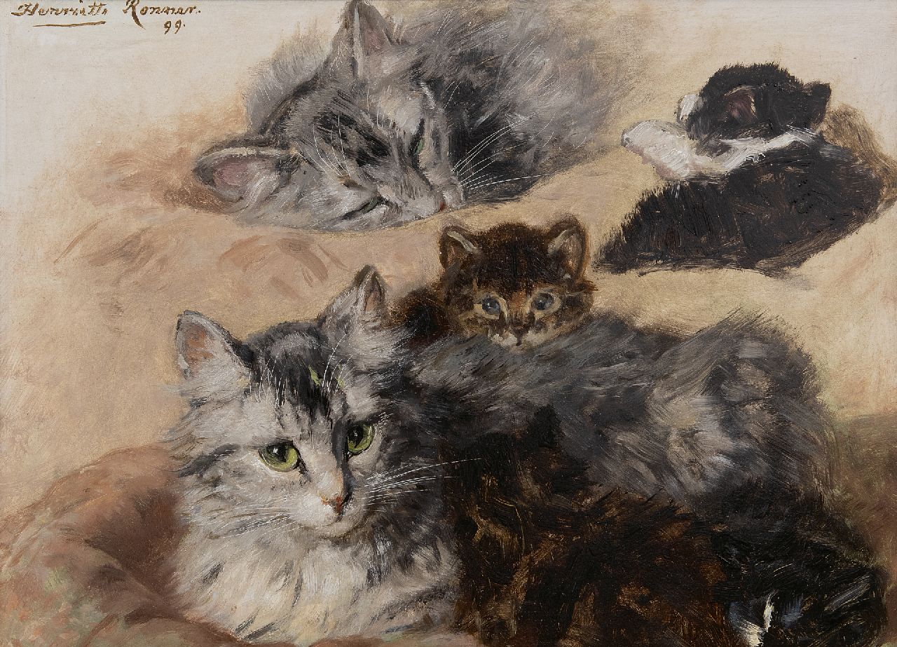 Ronner-Knip H.  | Henriette Ronner-Knip, Study of a cat and kittens, oil on panel 27.7 x 37.4 cm, signed u.l. and dated '99