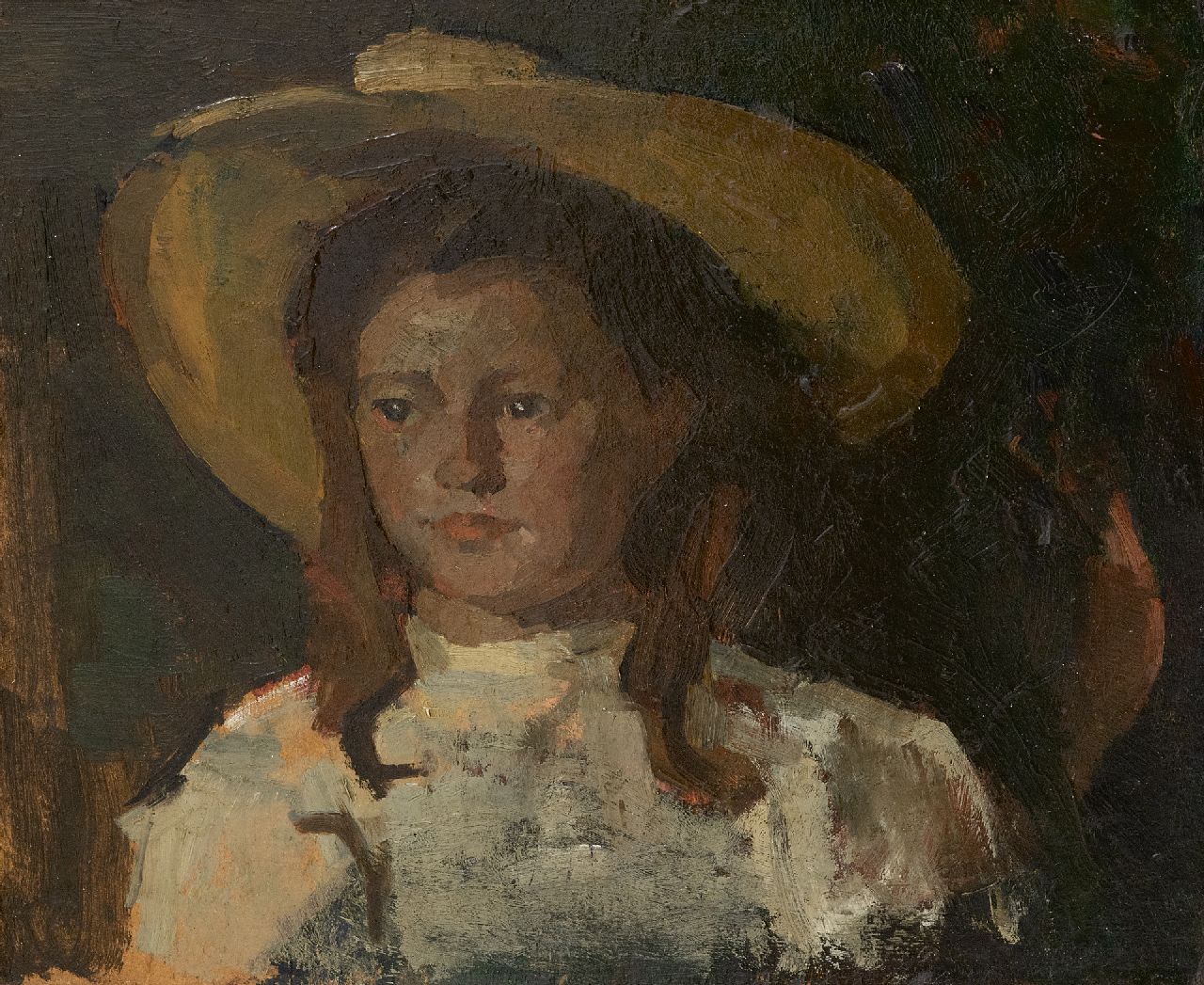 Fritzlin M.C.L.  | Maria Charlotta 'Louise' Fritzlin | Paintings offered for sale | Fokeltje with yellow hat, oil on board laid down on panel 31.7 x 36.7 cm, painted in 1908