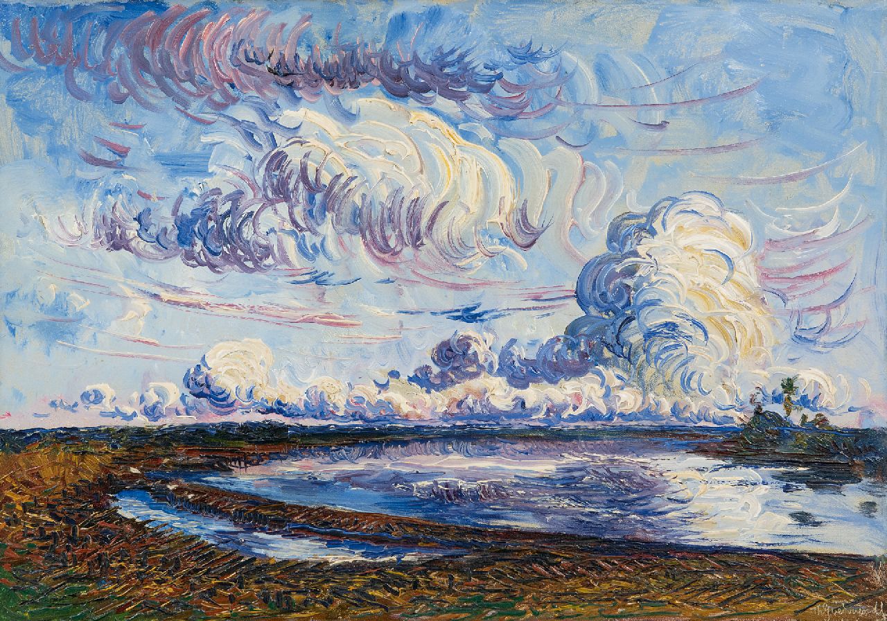 Goedvriend Th.F.  | Theodoor Franciscus 'Theo' Goedvriend, Clouds over a polder landscape, oil on painter's board 25.5 x 36.3 cm, signed l.r.