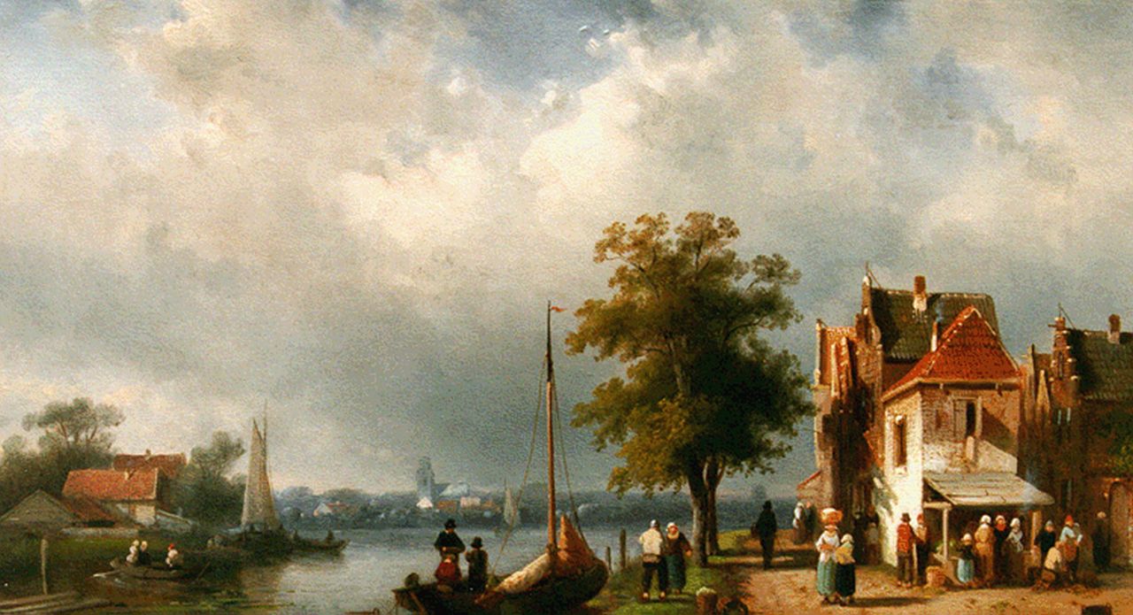 Leickert C.H.J.  | 'Charles' Henri Joseph Leickert, Daily activities along the river, oil on panel 24.7 x 40.0 cm, signed l.r. and dated 1864