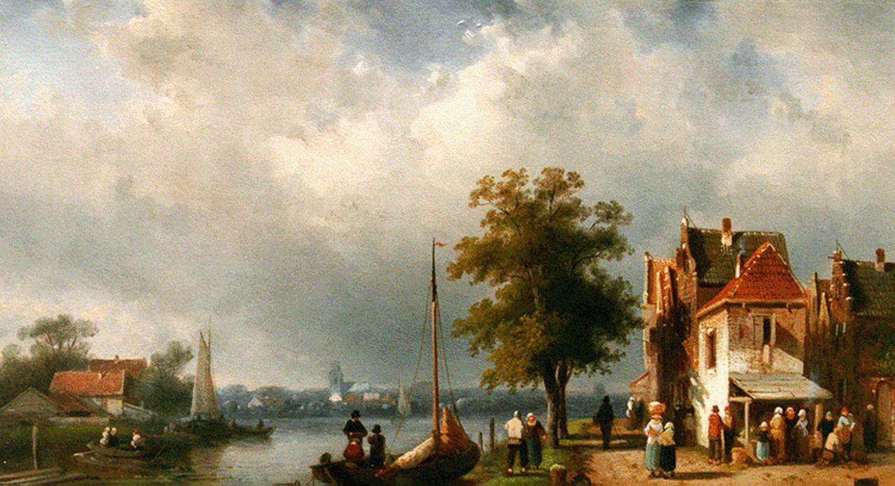 Leickert C.H.J.  | 'Charles' Henri Joseph Leickert, Daily activities along the river, oil on panel 24.7 x 40.0 cm, signed l.r. and dated 1864