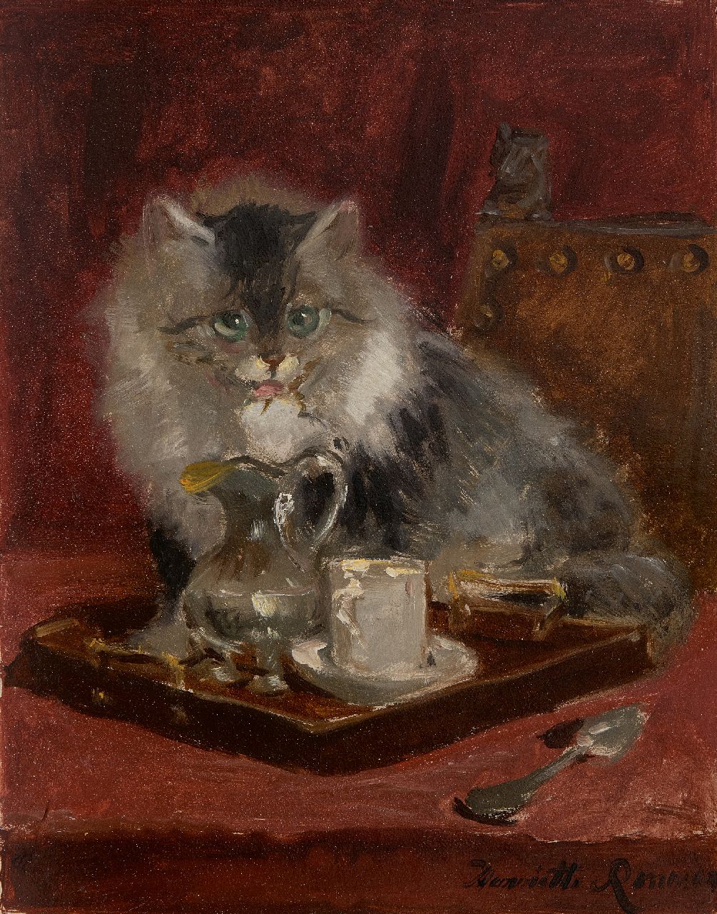 Ronner-Knip H.  | Henriette Ronner-Knip, Cat at tray with jug and cup, oil on painter's board 31.9 x 25.6 cm, signed l.r.