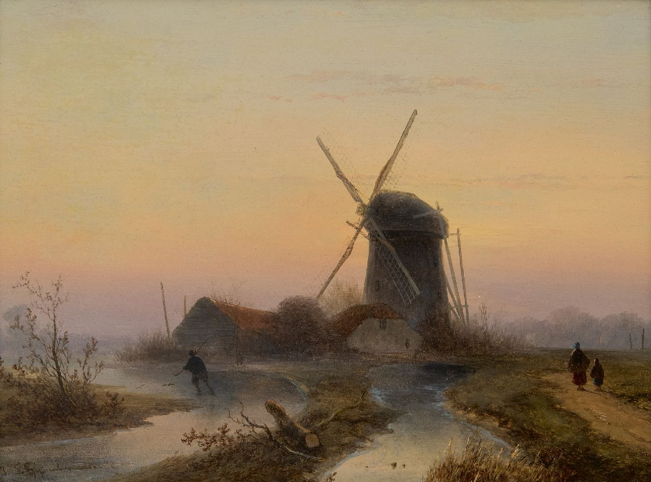 Hoppenbrouwers J.F.  | Johannes Franciscus Hoppenbrouwers, A windmill along a frozen waterway, oil on panel 24.0 x 32.1 cm, signed l.l.