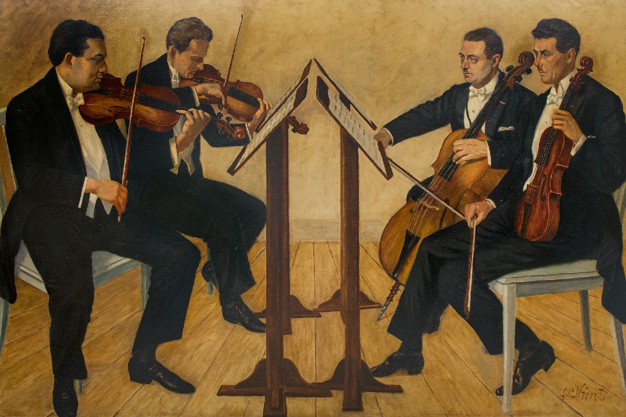 Gerard Vrint | The Hague String Quartet with Sam Swaap, Adolf Poth, Charles van Isterdaal and Jean Devert, oil on canvas, 141.0 x 210.0 cm, signed l.r.