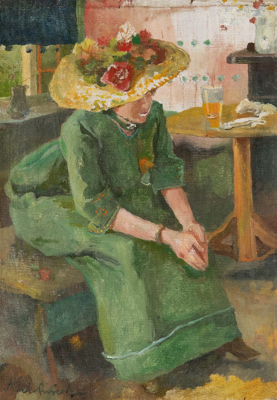Rivière A.P. de la | Adrianus Philippus 'Adriaan' de la Rivière | Paintings offered for sale | Woman in green dress, oil on canvas 40.3 x 28.3 cm, signed l.l.