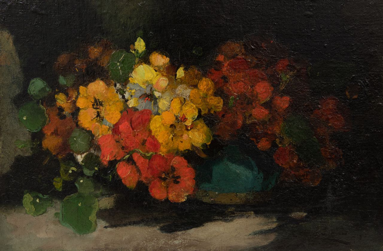 Lerven G.J. van | Geerard Johan 'Gerard' van Lerven, Nasturtium in glazed pot, oil on canvas laid down on panel 32.2 x 48.3 cm, signed l.r. and dated 1907