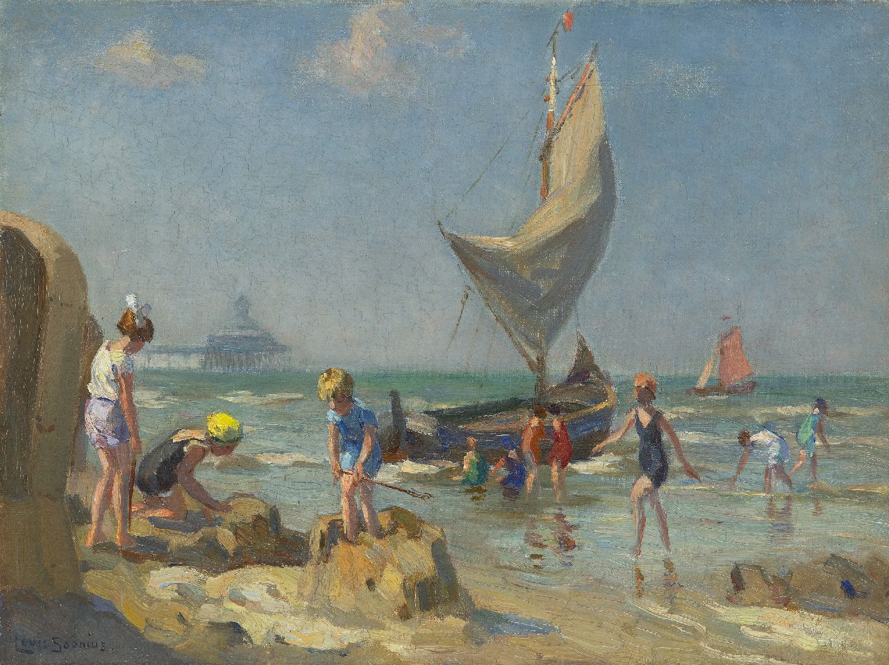 Soonius L.  | Lodewijk 'Louis' Soonius, Children on the beach of Scheveningen, oil on canvas 30.2 x 40.2 cm, signed l.l.
