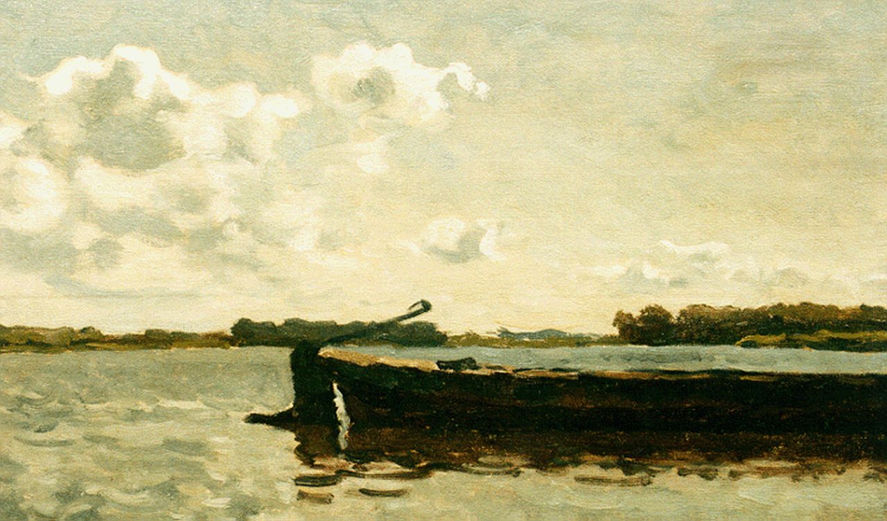 Tholen W.B.  | Willem Bastiaan Tholen, A moored flatboat, oil on canvas laid down on panel 25.3 x 38.7 cm, signed l.r. and dated '11