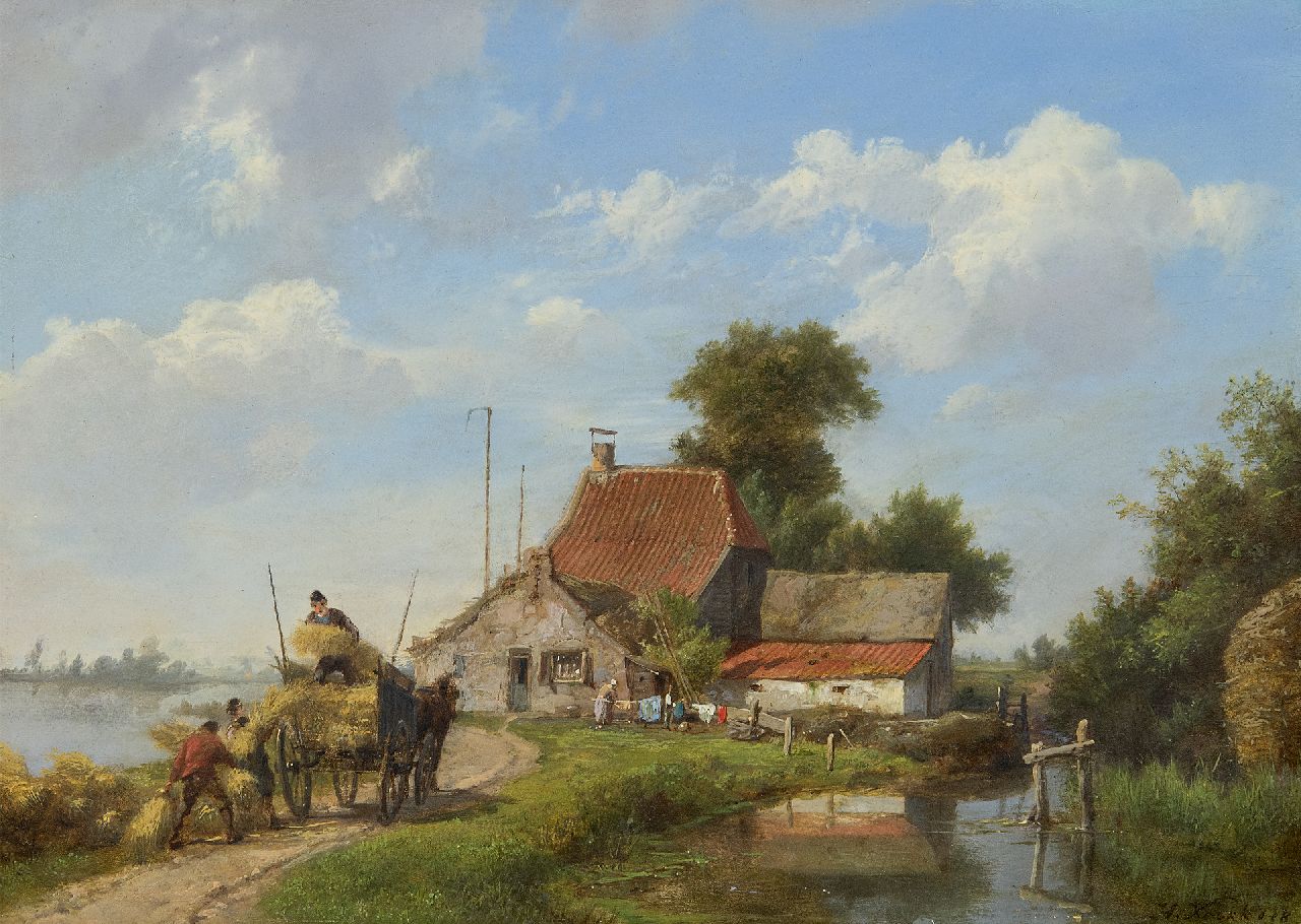 Koekkoek H.  | Hermanus Koekkoek, Loading the haycart at a farm, oil on panel 20.0 x 27.9 cm, signed l.r. and VERKOCHT