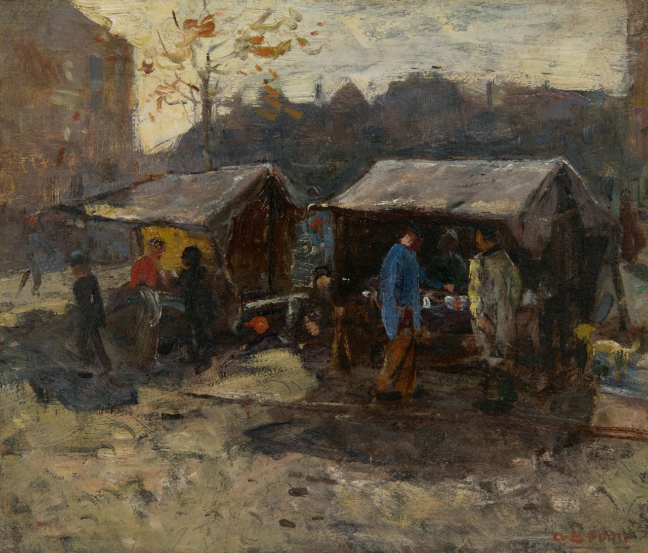 Boom K.A.A.J.  | Karel Alexander August Jan 'Alex' Boom Boom | Paintings offered for sale | Market stalls in a town, oil on panel 29.5 x 34.3 cm, signed l.r.