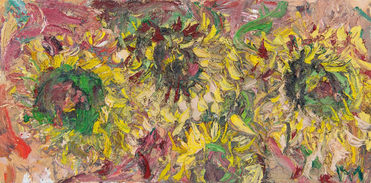 Mulders M.M.M.  | Marcus Martinus Maria 'Marc' Mulders | Paintings offered for sale | Zonnebloemen Herfst II (Sunflowers Autumn II), oil on canvas 30.2 x 60.0 cm, signed on the reverse and dated on the reverse sept. 97