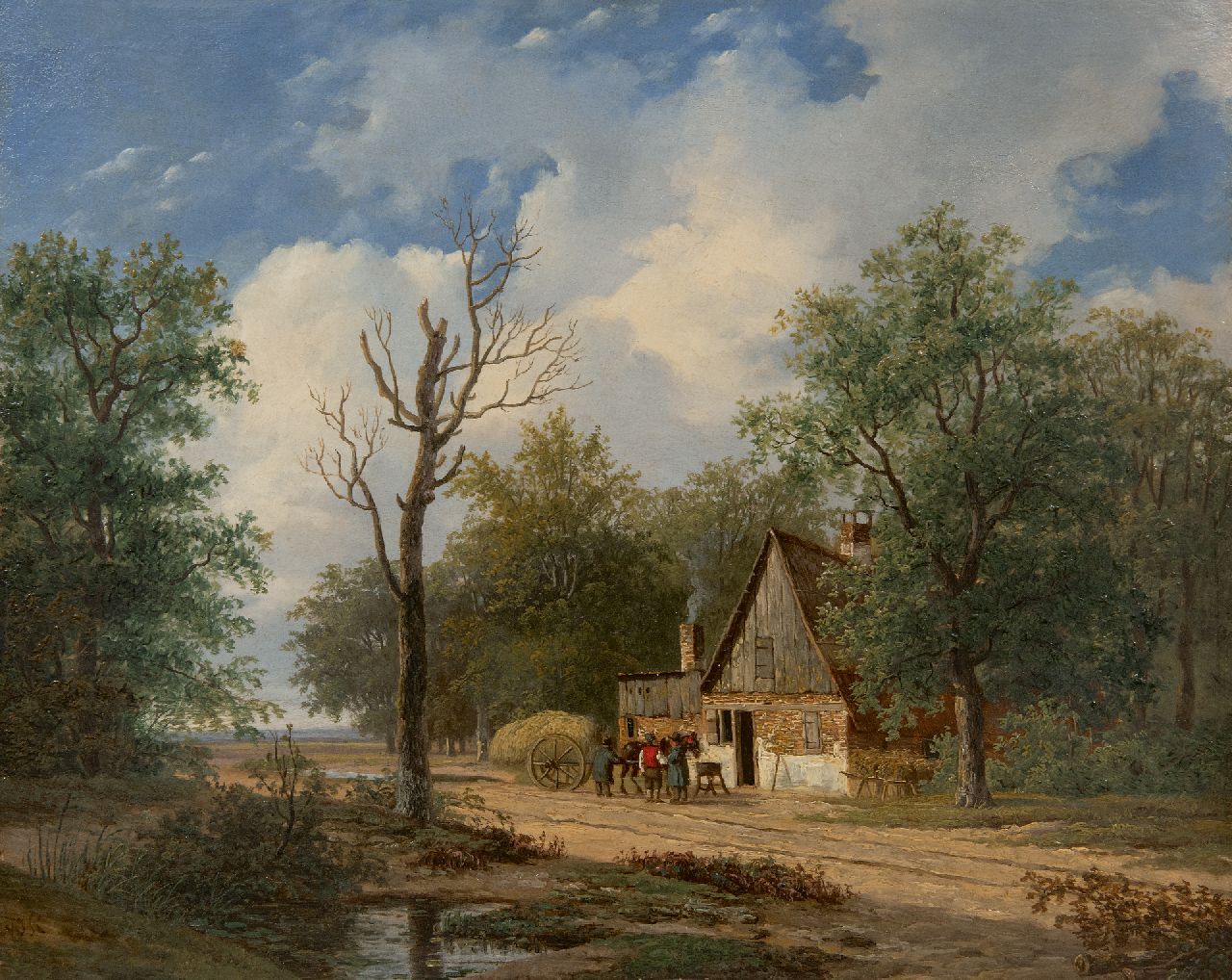 Roosenboom N.J.  | Nicolaas Johannes Roosenboom | Paintings offered for sale | Forest landscape with figures by a hay cart, oil on panel 33.3 x 41.1 cm, signed l.l. with initials and zonder lijst