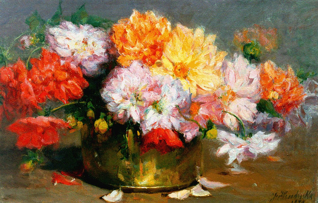 Hendrickx J.  | Josephina Hendrickx, A still life with dahlias, oil on canvas 48.7 x 73.7 cm, signed l.r. and dated 1920