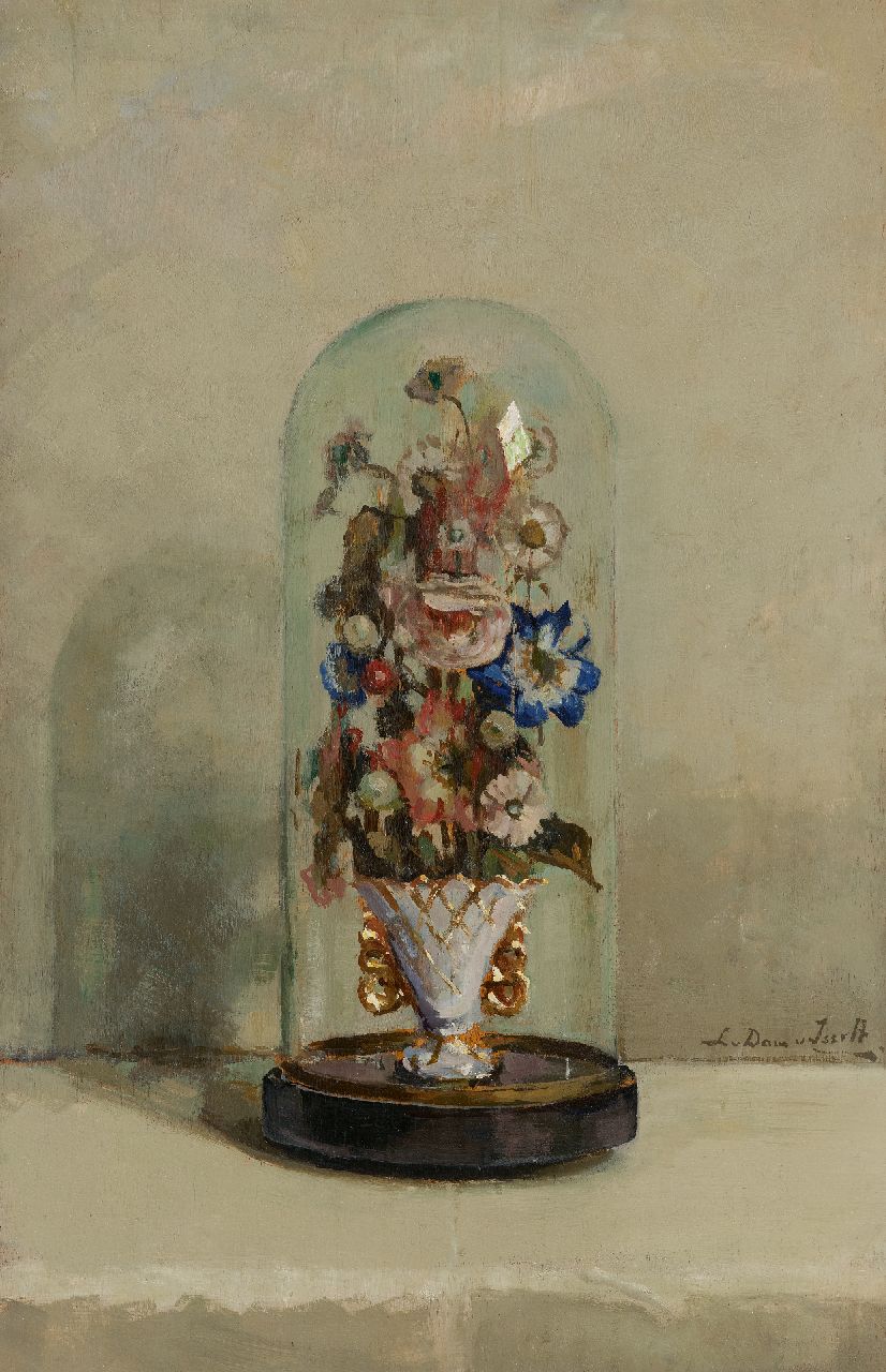 Dam van Isselt L. van | Lucie van Dam van Isselt | Paintings offered for sale | Flowers under a glass bell jar, oil on panel 59.9 x 38.8 cm, signed l.r. and zonder lijst