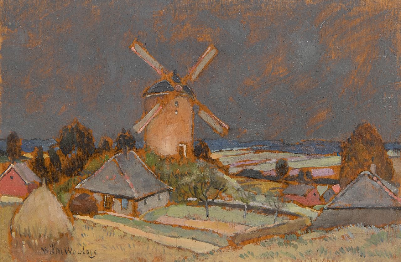 Wouters W.H.M.  | Wilhelmus Hendrikus Marie 'Wilm' Wouters | Paintings offered for sale | Hilly landscape with a windmill, oil on panel 13.2 x 19.7 cm, signed l.l.