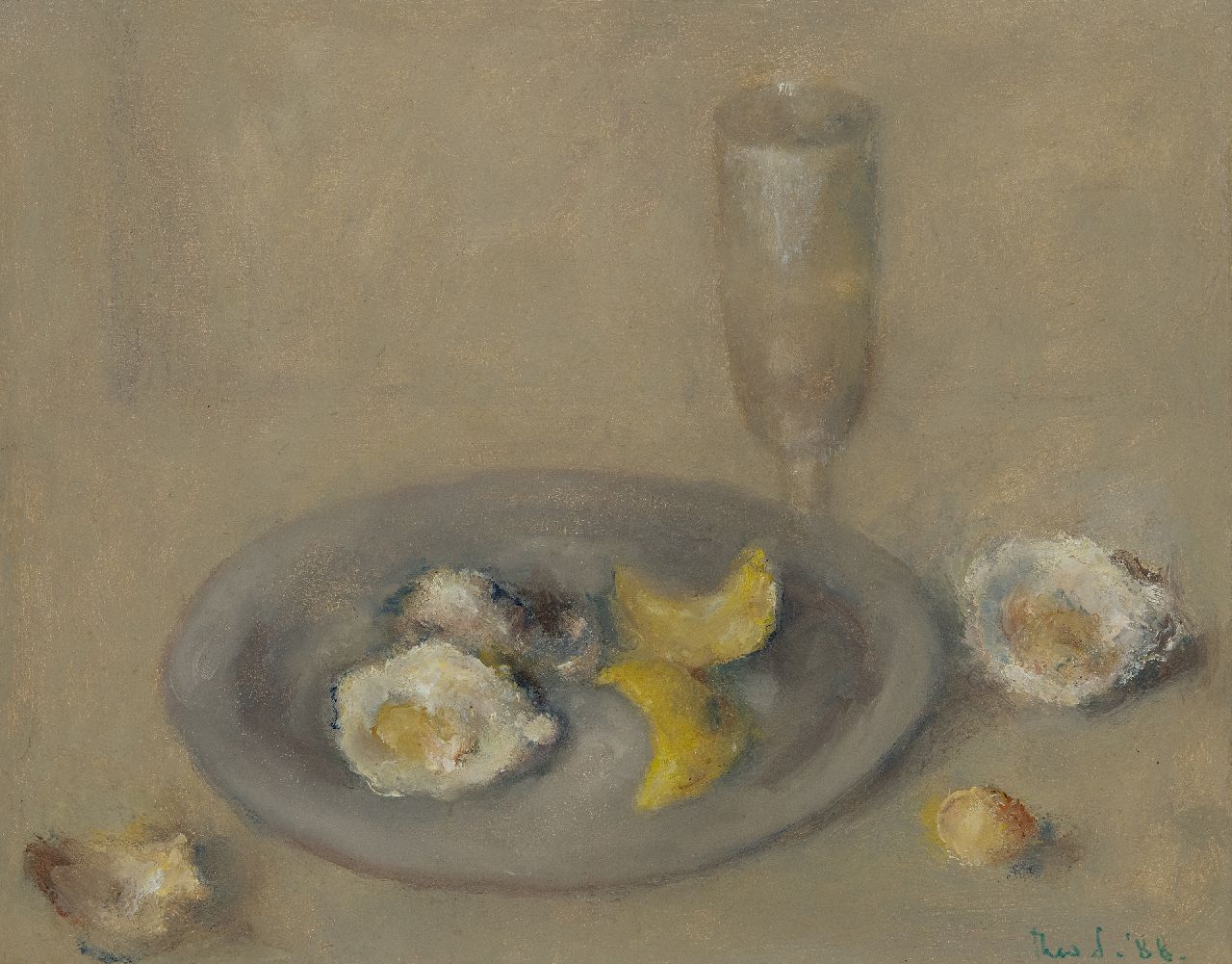 Swagemakers T.  | Theo Swagemakers, Still life with oysters and lemon peels on a pewter plate, oil on panel 39.5 x 49.4 cm, signed l.r. and dated '88