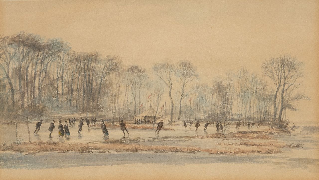 Pieter van Borselen | Skaters on flooded meadows, pencil and watercolour on paper, 17.1 x 27.1 cm