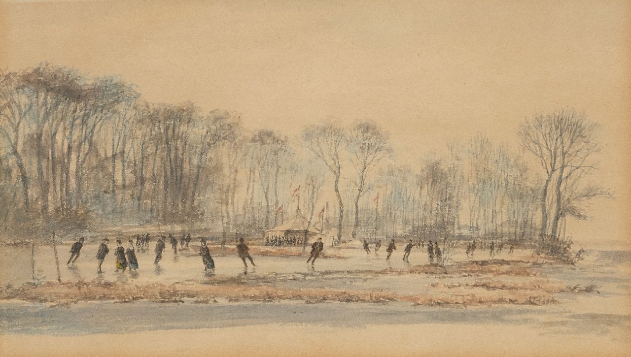 Borselen P. van | Pieter van Borselen | Watercolours and drawings offered for sale | Skaters on flooded meadows, pencil and watercolour on paper 17.1 x 27.1 cm