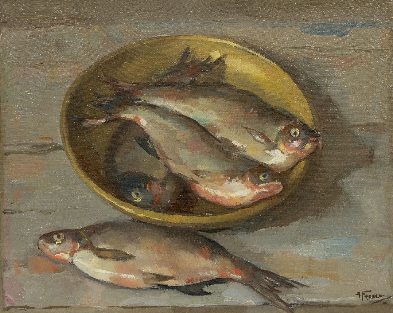 Fresco A.  | Abraham Fresco, Herring in a bowl, oil on canvas 33.2 x 40.6 cm, signed l.r.