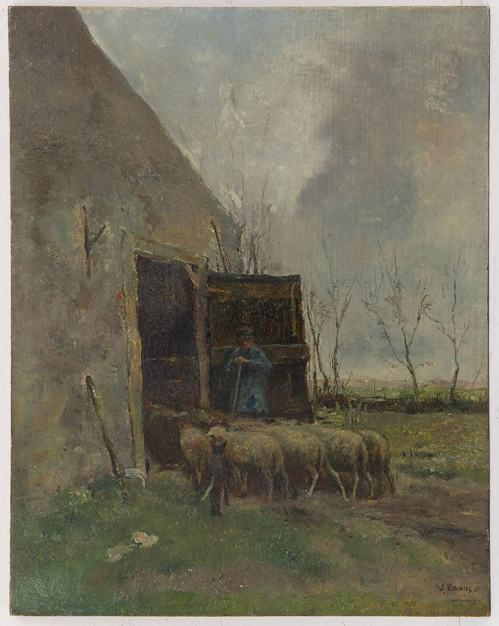 Mauve A.  | Anthonij 'Anton' Mauve | Paintings offered for sale | Sheep and shepherd at the barn, oil on panel 46.1 x 36.2 cm, signed l.r.