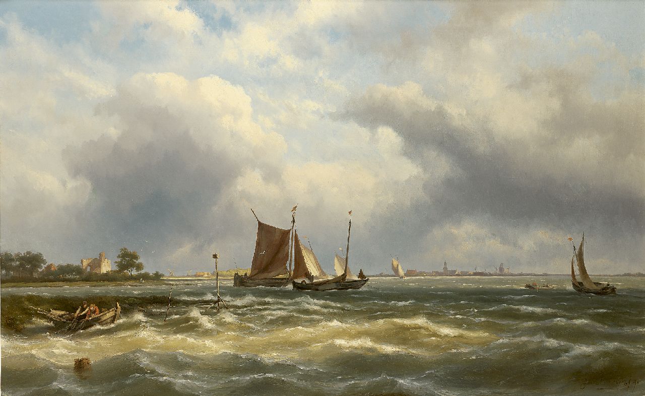 Koekkoek J.H.B.  | Johannes Hermanus Barend 'Jan H.B.' Koekkoek, Fishing boats in an estuary, oil on canvas 66.1 x 105.6 cm, signed l.r. and dated '90