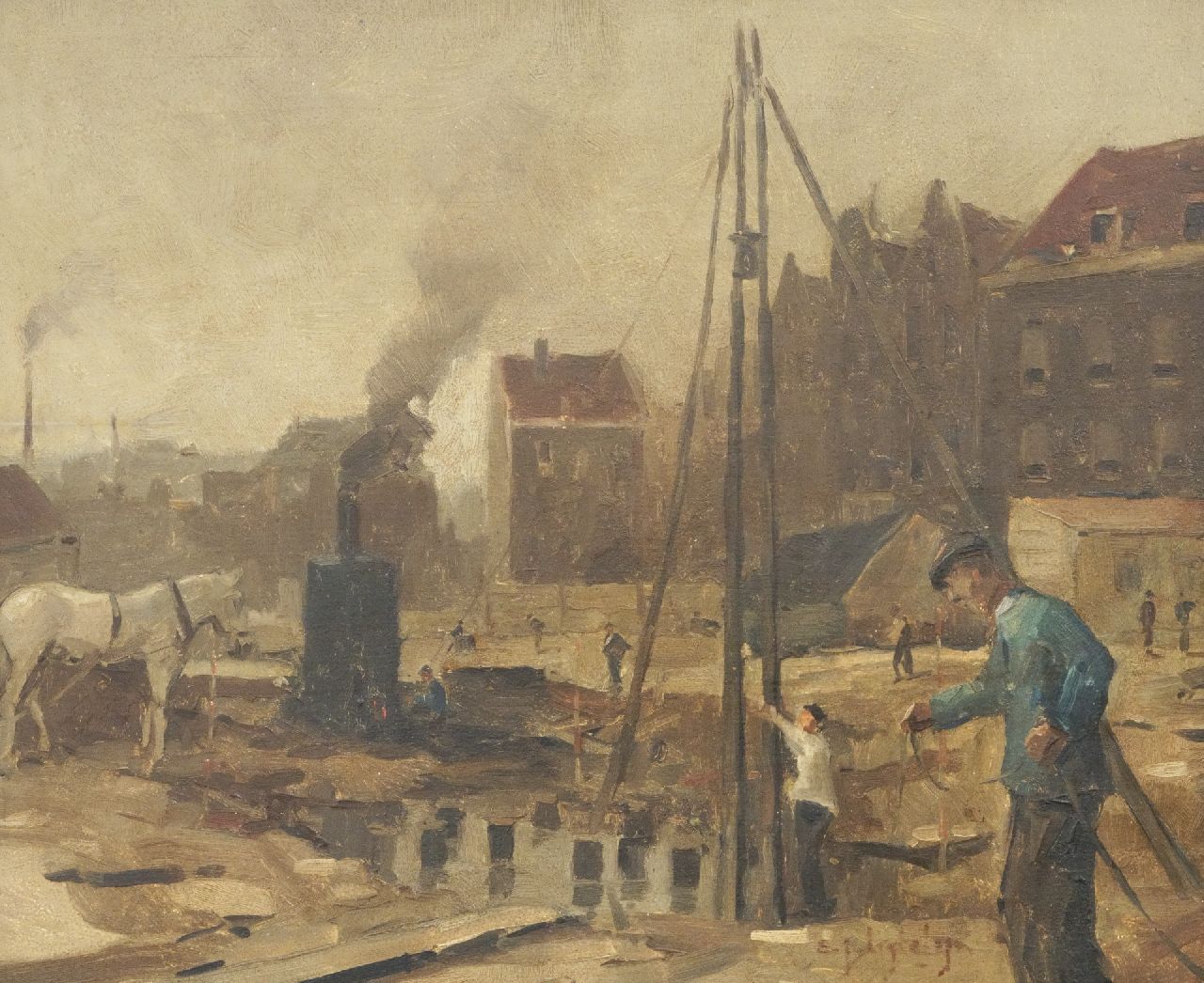 Ligtelijn E.J.  | Evert Jan Ligtelijn, Construction site in Amsterdam, oil on panel 39.8 x 47.9 cm, signed l.r.