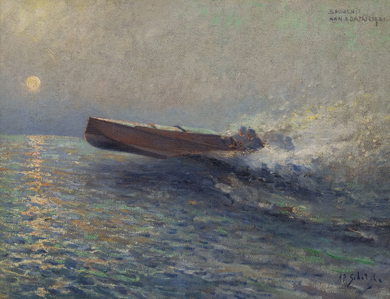 Schotel A.P.  | Anthonie Pieter Schotel | Paintings offered for sale | Speedboat at sea at sunset, oil on canvas 43.6 x 57.3 cm, signed l.r.