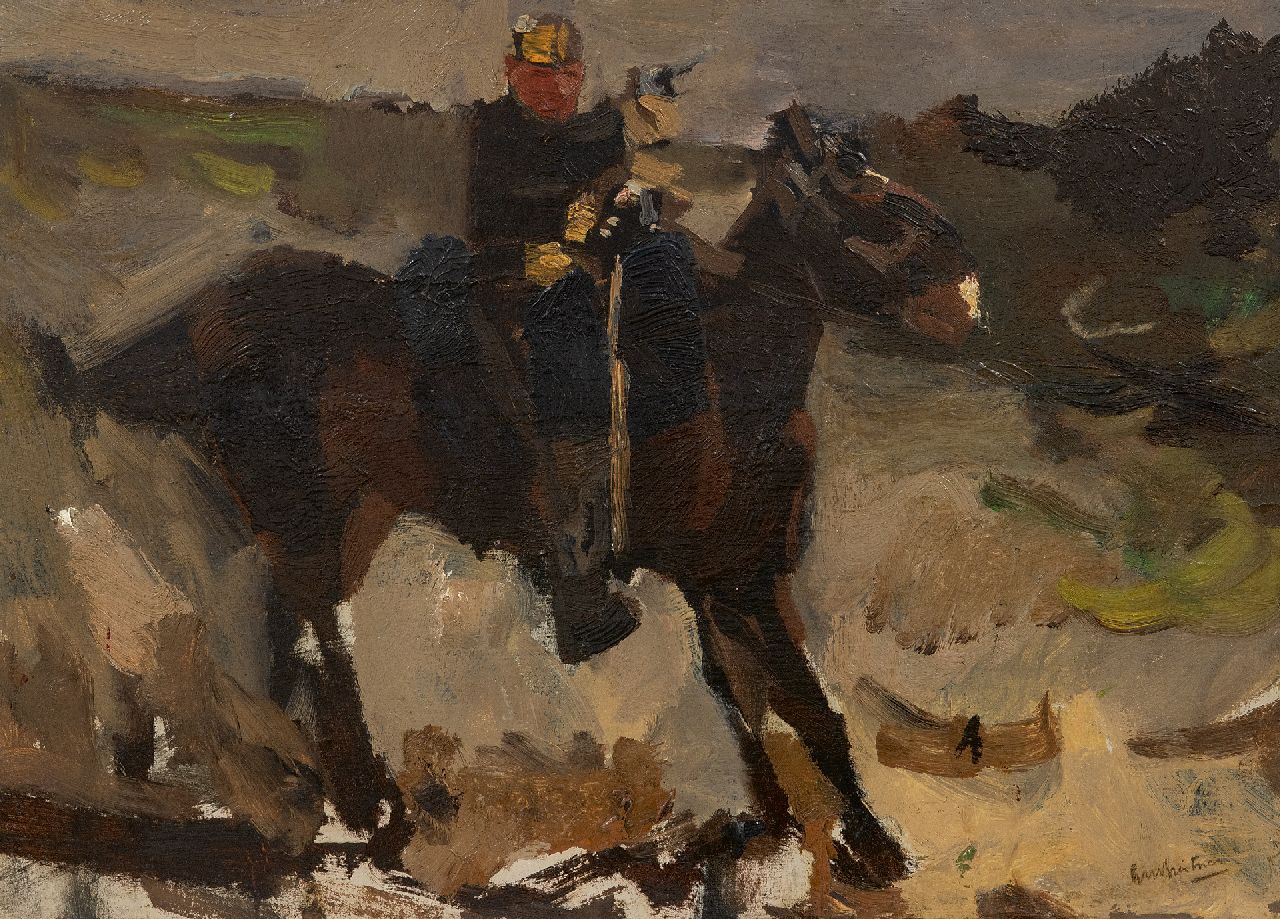 Breitner G.H.  | George Hendrik Breitner | Paintings offered for sale | Hussar on a horse, oil on panel 30.8 x 42.2 cm, signed l.r.
