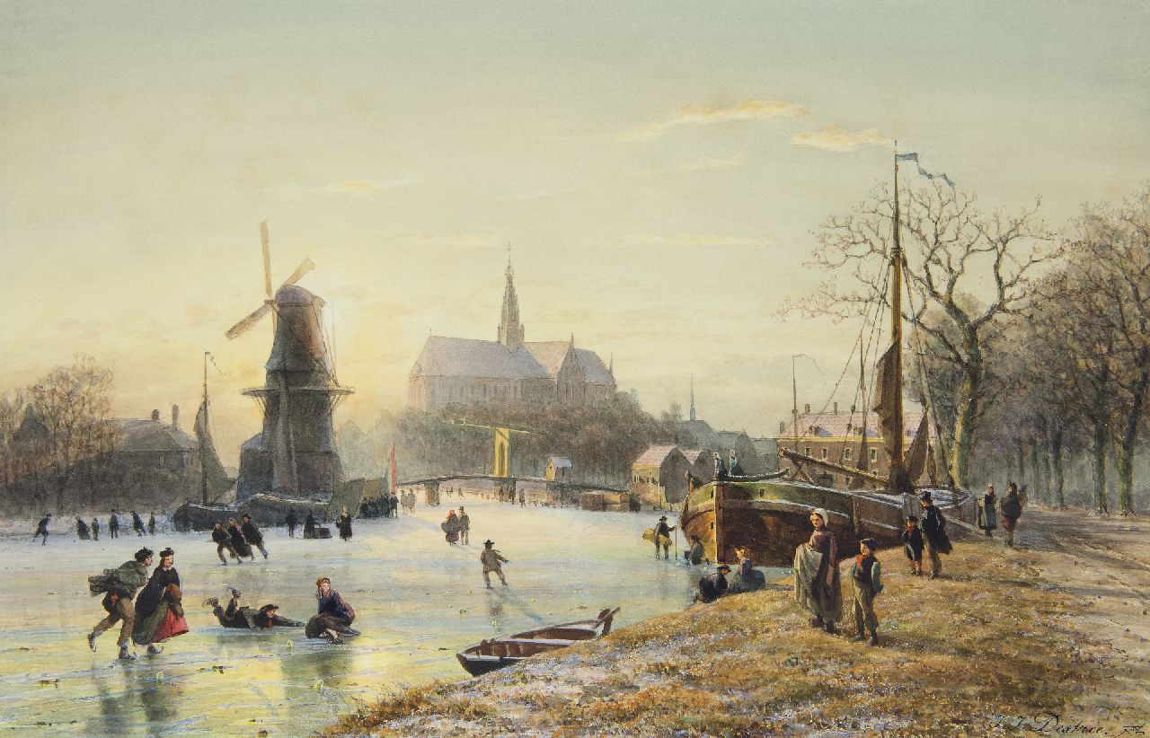 Destrée J.J.  | Johannes Josephus Destrée | Watercolours and drawings offered for sale | Skating on the Spaarne with the windmill De Adriaan and the St. Bavokerk, Haarlem, watercolour on paper 36.5 x 56.6 cm, signed l.r.