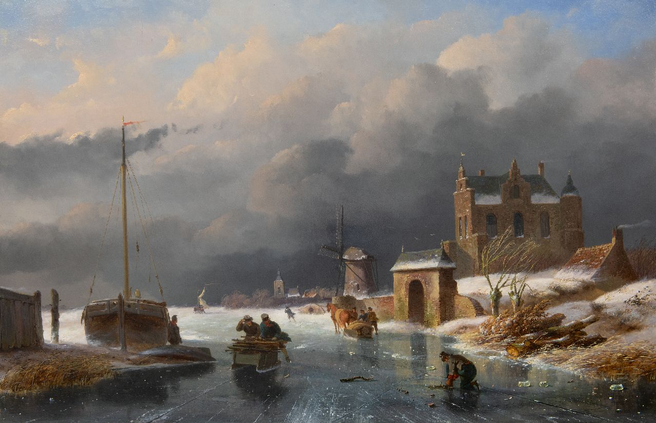 Roosenboom N.J.  | Nicolaas Johannes Roosenboom | Paintings offered for sale | Figures on the ice in an approaching storm, oil on panel 49.1 x 75.1 cm, signed l.l.