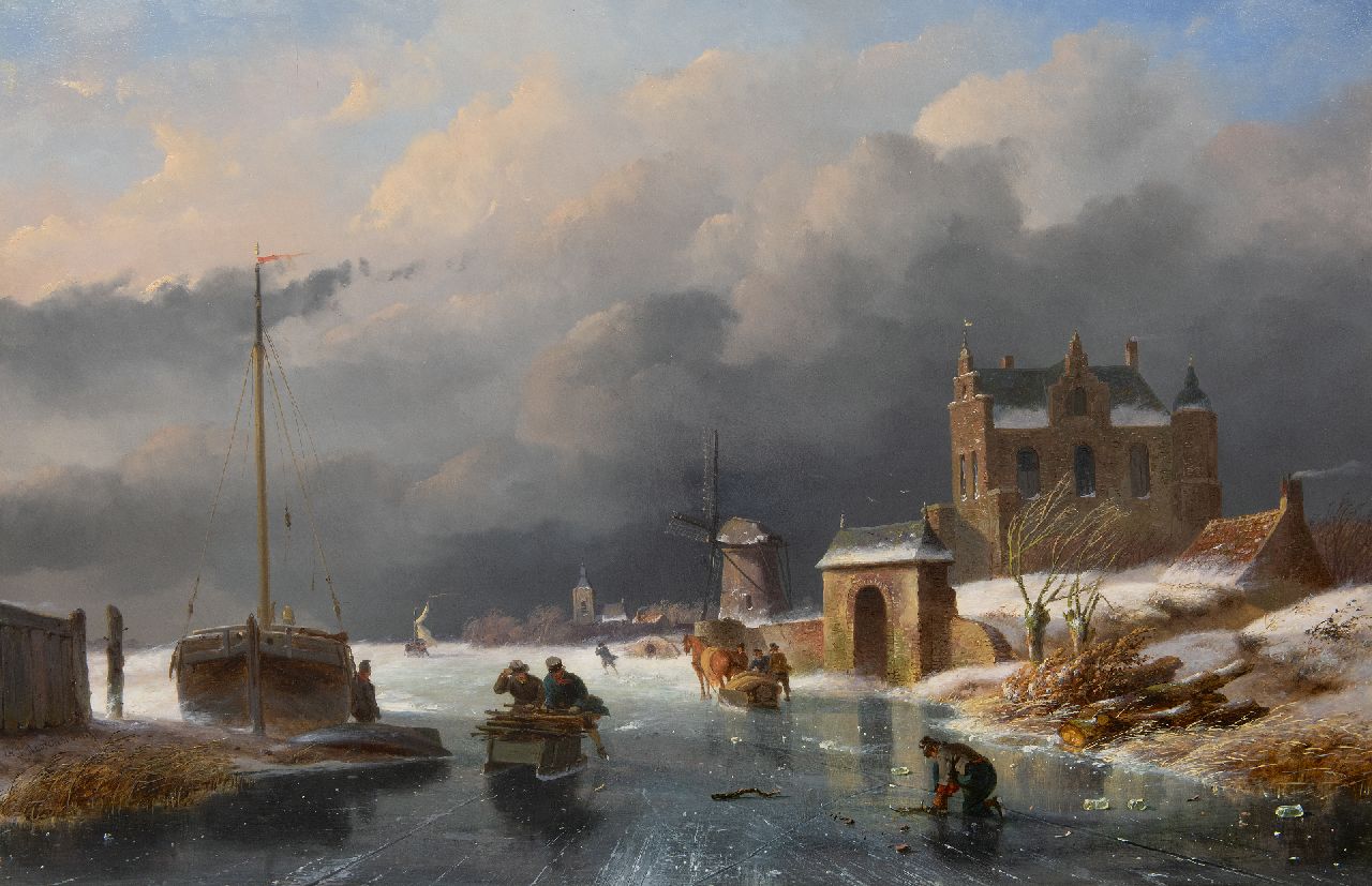 Roosenboom N.J.  | Nicolaas Johannes Roosenboom | Paintings offered for sale | Figures on the ice in an approaching storm, oil on panel 49.1 x 75.1 cm, signed l.l. and without frame