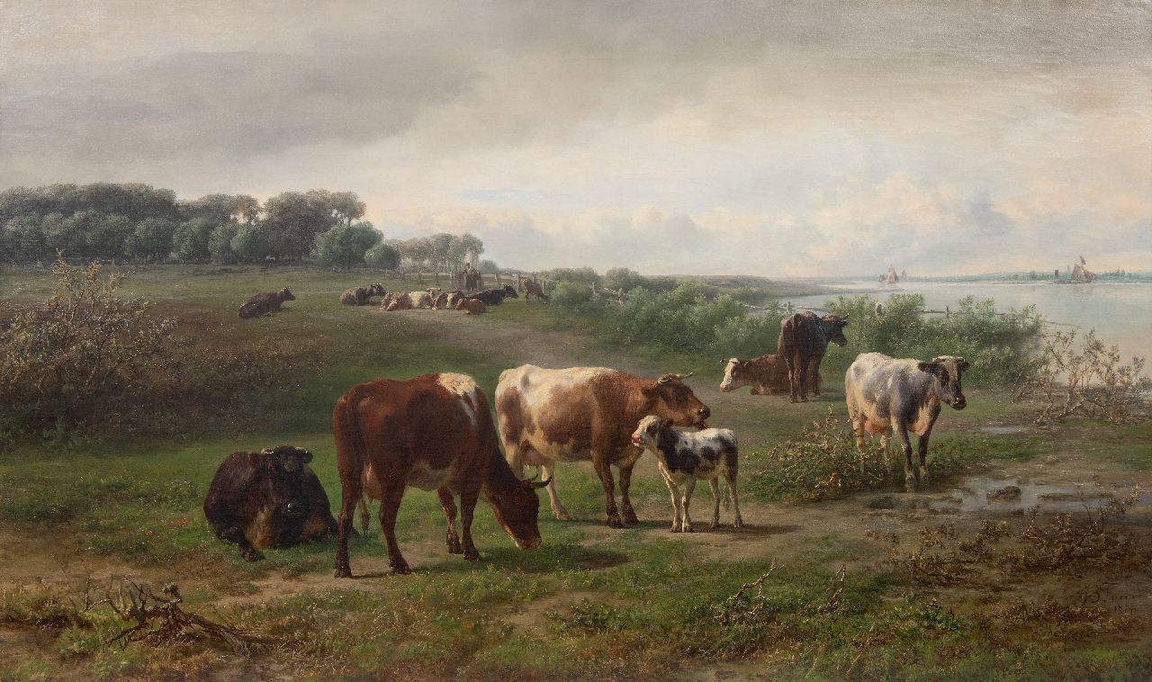 Tom J.B.  | Jan Bedijs Tom | Paintings offered for sale | Cows along a river, possibly the Rhine in Gelderland, oil on canvas 72.3 x 122.5 cm, signed l.r. and dated 1874