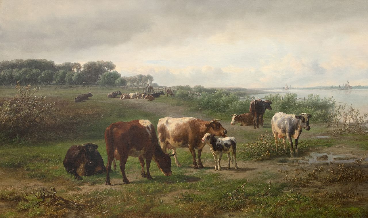 Tom J.B.  | Jan Bedijs Tom | Paintings offered for sale | Cows along a river, possibly the Rhine in Gelderland, oil on canvas 72.3 x 122.5 cm, signed l.r. and dated 1874