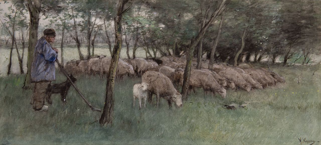 Mauve A.  | Anthonij 'Anton' Mauve | Watercolours and drawings offered for sale | A shepherd with his flock, watercolour on paper 30.5 x 67.0 cm, signed l.r. and painted ca. 1877