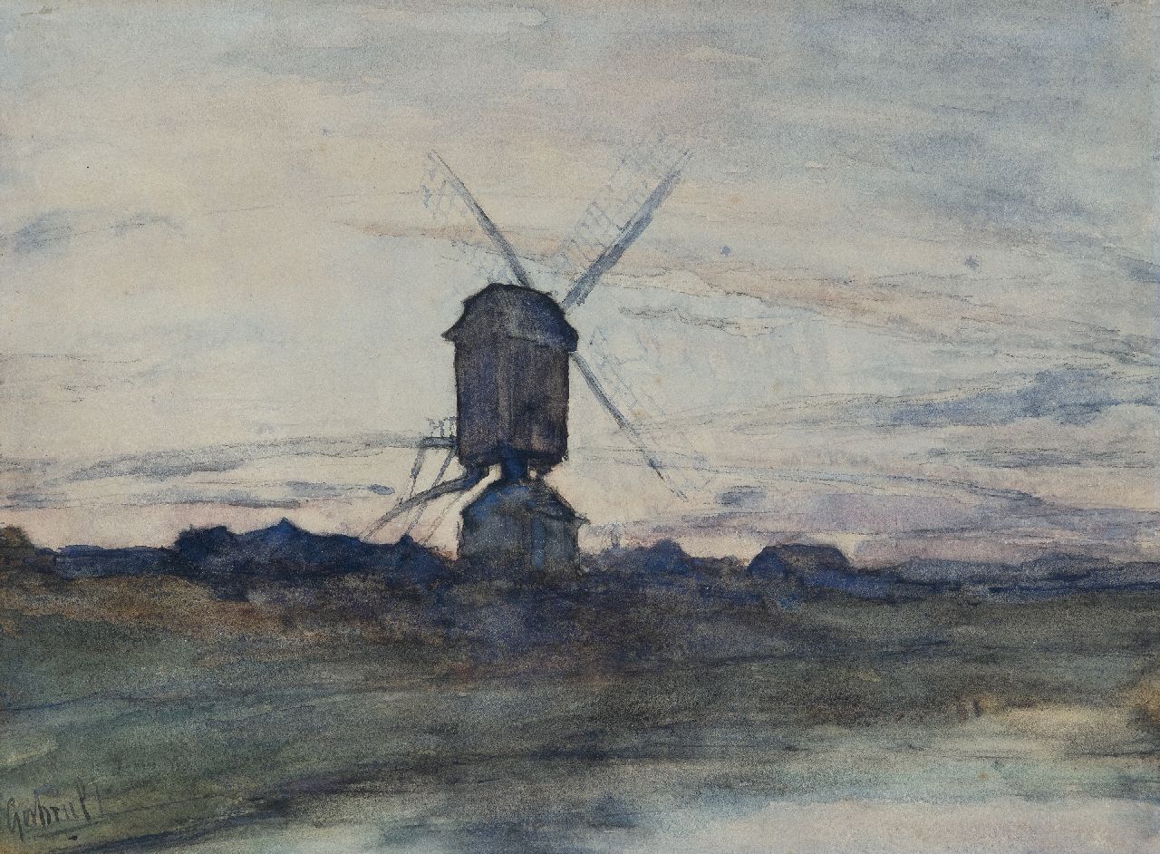 Gabriel P.J.C.  | Paul Joseph Constantin 'Constan(t)' Gabriel | Watercolours and drawings offered for sale | Mill at sunset, black chalk and watercolour on paper 26.2 x 35.4 cm, signed l.l.
