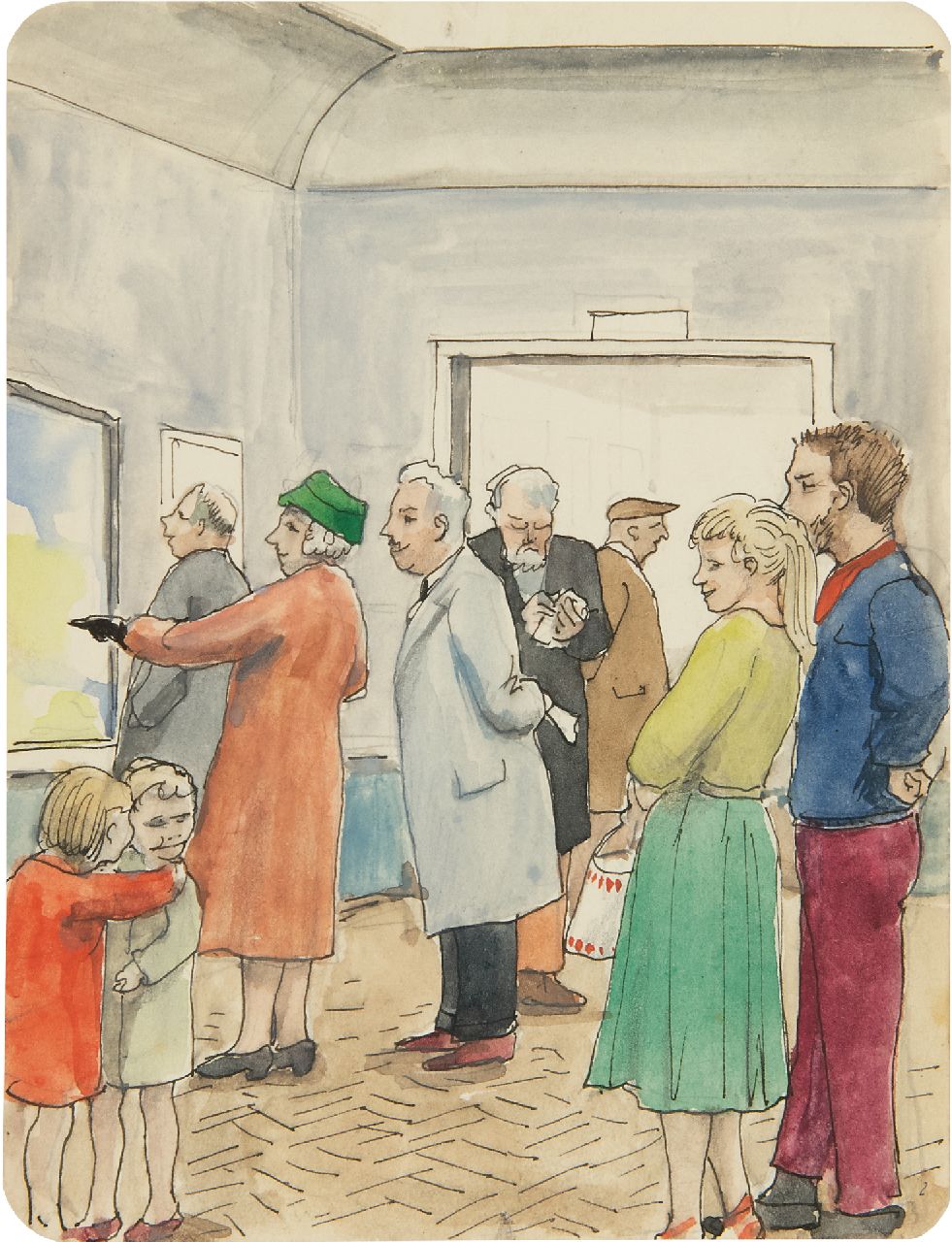 Kamerlingh Onnes H.H.  | 'Harm' Henrick Kamerlingh Onnes | Watercolours and drawings offered for sale | The exhibition (with the painter himself in the middle), pen and ink and watercolour on paper 13.1 x 10.0 cm, signed on the reverse and painted in 1956