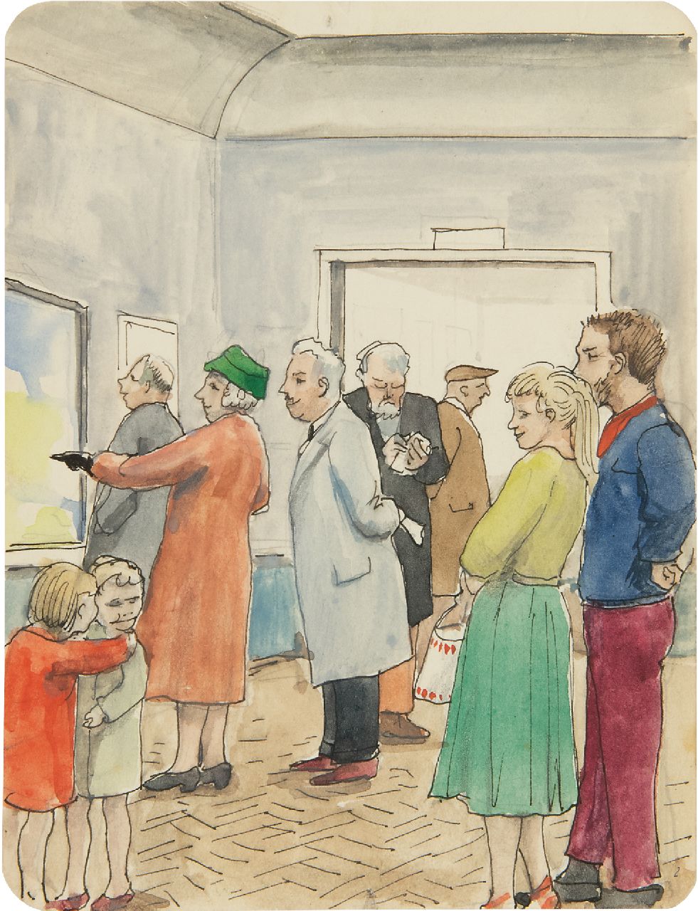 Kamerlingh Onnes H.H.  | 'Harm' Henrick Kamerlingh Onnes, The exhibition (with the painter himself in the middle), pen and ink and watercolour on paper 13.1 x 10.0 cm, signed on the reverse and painted in 1956