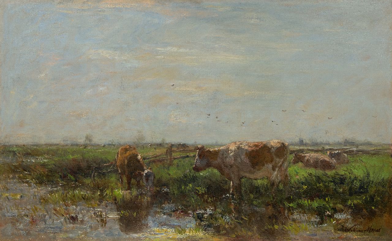 Maris W.  | Willem Maris | Paintings offered for sale | Summer landscape with cows on the riverbank, oil on canvas 53.8 x 87.2 cm, signed l.r.