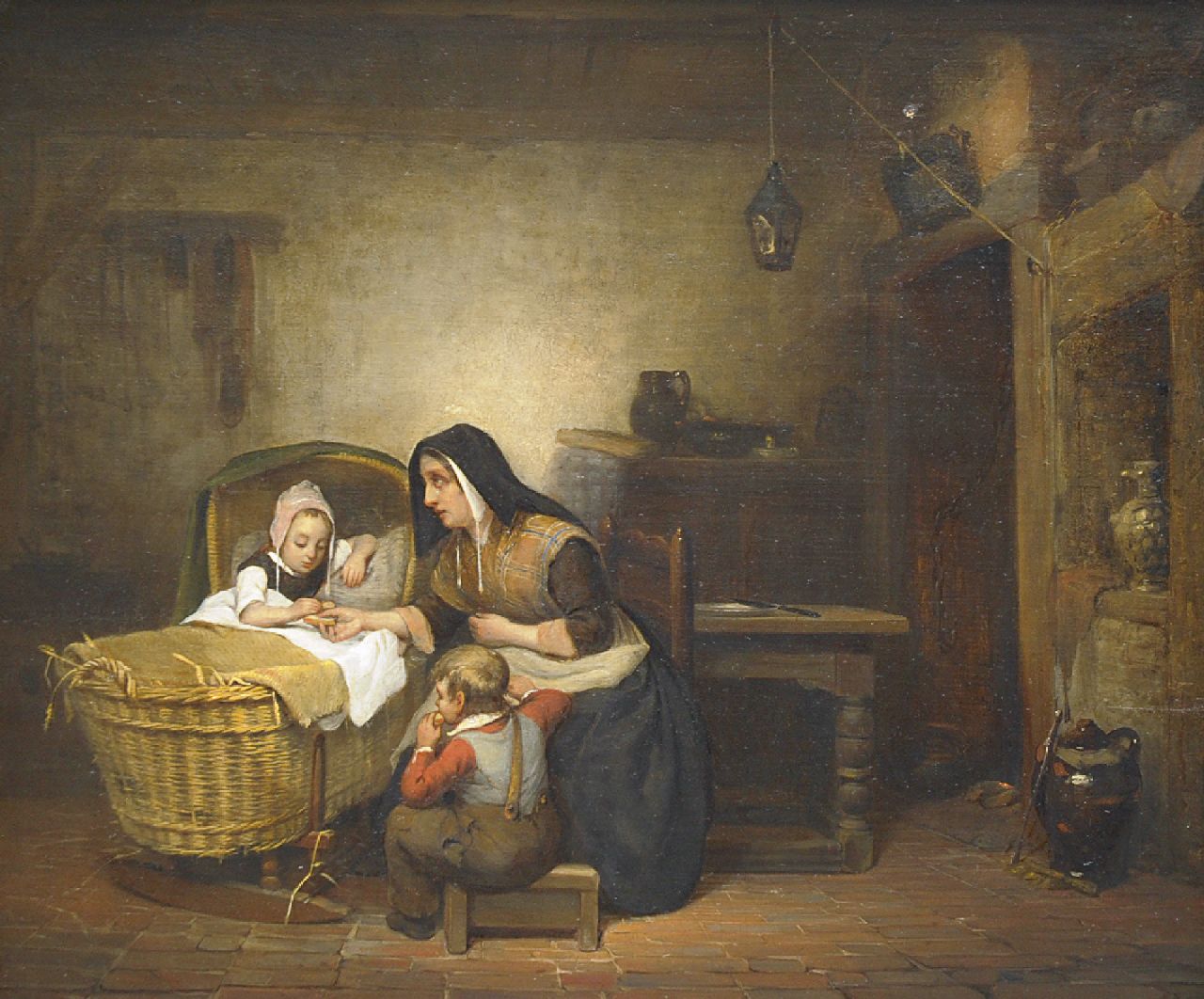 Schmidt W.H.  | Willem Hendrik Schmidt | Paintings offered for sale | Sharing the last piece of bread, oil on panel 35.8 x 42.1 cm