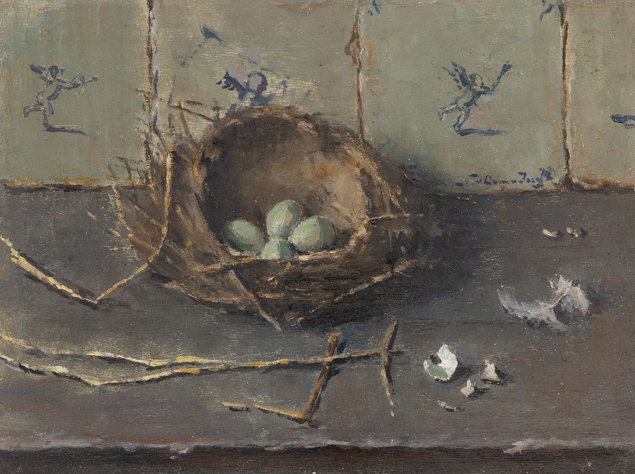 Dam van Isselt L. van | Lucie van Dam van Isselt, Eggs in a bird's nest against a background of old Dutch tiles, oil on panel 30.1 x 40.2 cm, signed c.r.