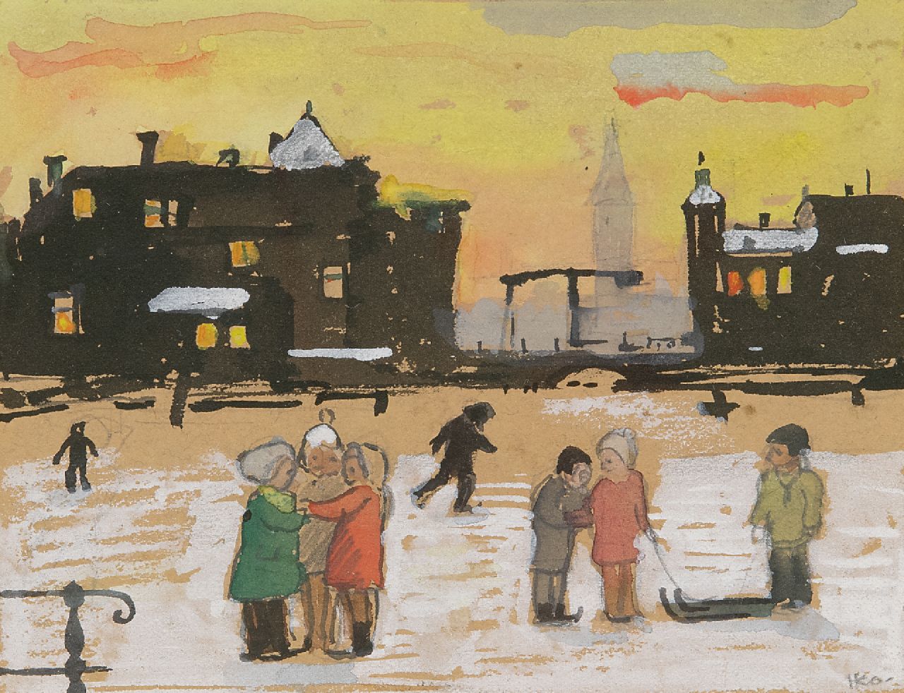 Kamerlingh Onnes H.H.  | 'Harm' Henrick Kamerlingh Onnes, Children on the ice, pencil and watercolour on paper 10.5 x 13.6 cm, signed l.r. with monogram and dated '3 Jan 58'