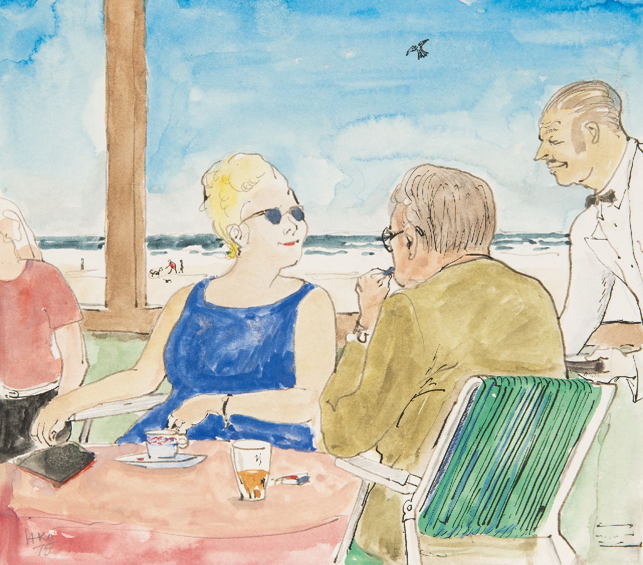 Kamerlingh Onnes H.H.  | 'Harm' Henrick Kamerlingh Onnes | Watercolours and drawings offered for sale | Summer day on a terrace by the sea, pencil, pen and watercolour on paper 21.1 x 24.1 cm, signed l.l. with monogram and dated '75