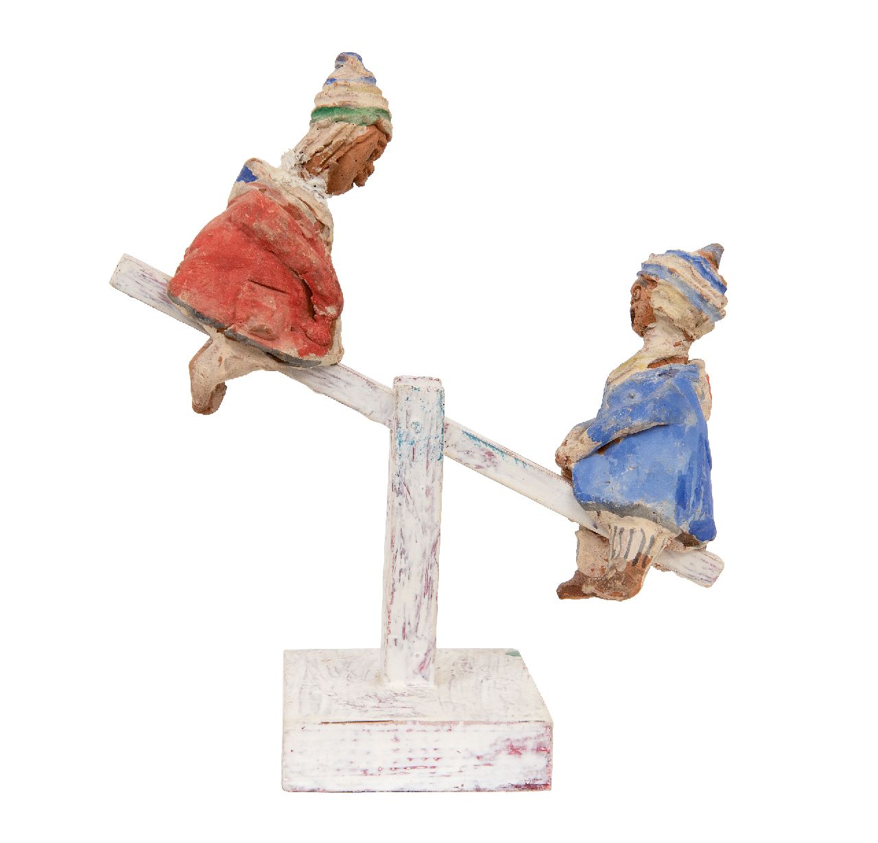 Kamerlingh Onnes H.H.  | 'Harm' Henrick Kamerlingh Onnes |  offered for sale | On the teeter-totter, polychrome glazed earthenware, wood 20.5 x 18.0 cm, signed on the underside with monogram and dated '64