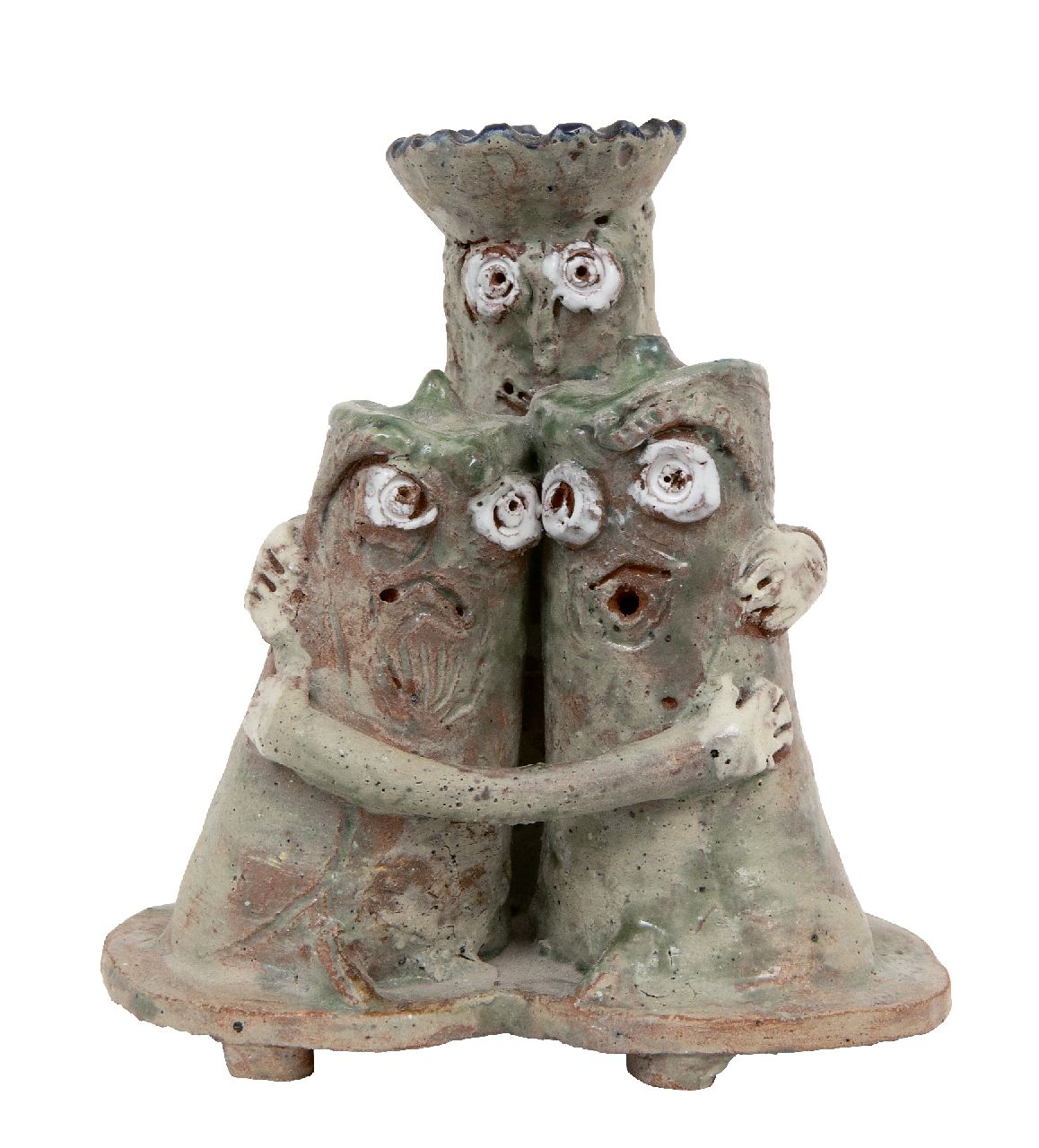 Kamerlingh Onnes H.H.  | 'Harm' Henrick Kamerlingh Onnes |  offered for sale | Group hug, polychrome glazed earthenware 16.5 x 15.0 cm, signed on the underside with monogram and stamp and dateed '81